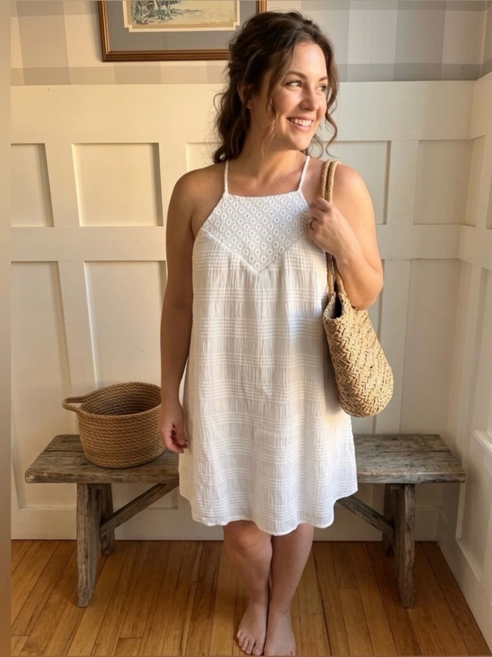 Jack by BB Dakota White Eyelet Yoke Spaghetti Strap Mini Dress Small‎